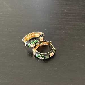 Floral Black and Gold Hoop Earrings